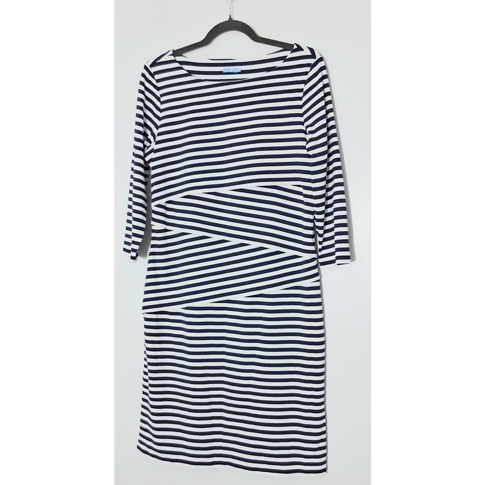 J McLaughlin Nicola Dress Size Large Striped Overlap Nautical Coastal 3/4 Sleeve